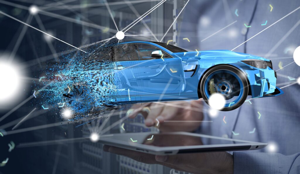 Digital concept of an automotive engineer using a tablet to visualize a connected car made of data, symbolizing vehicle technology, telematics, and innovation in the automotive industry.