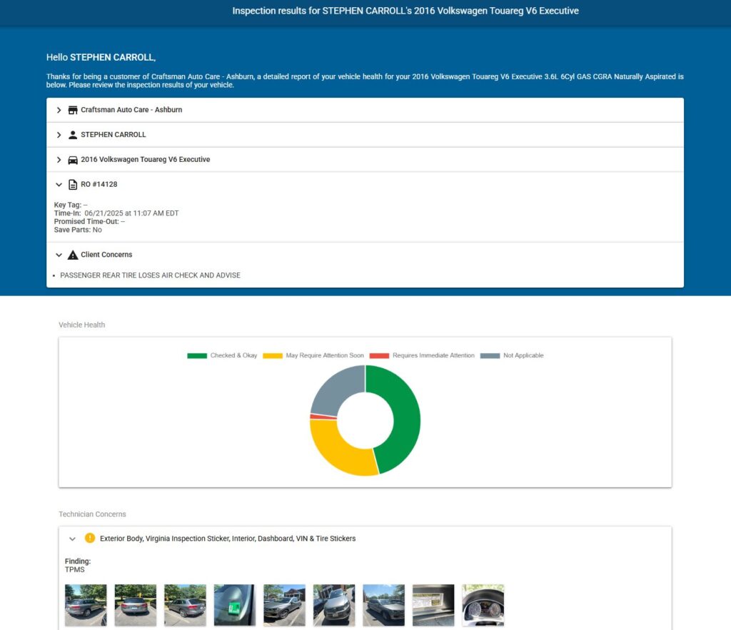 Digital vehicle inspection results report with repair status and technician notes for a 2016 Volkswagen Touareg.