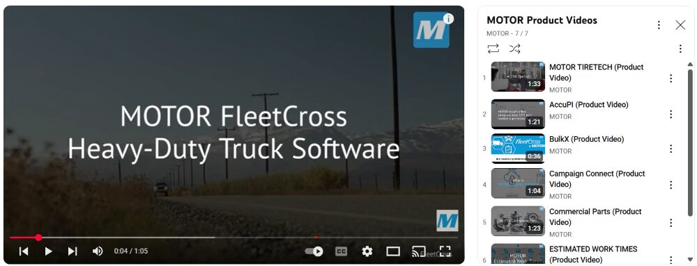 Screenshot of MOTOR's YouTube channel, featuring a product video playlist
