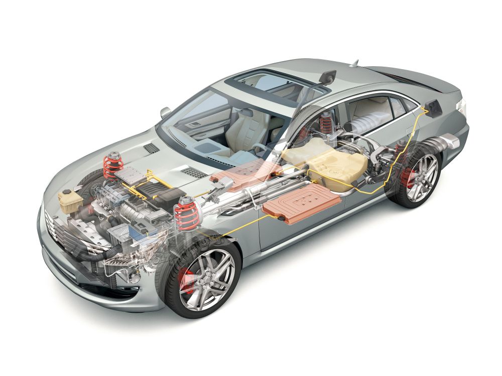 Cutaway illustration of a modern hybrid car showing internal components, including the gasoline engine, electric motor, battery pack, suspension system, and drivetrain layout.